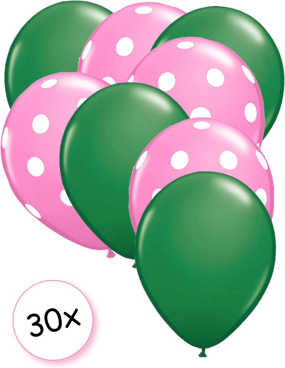 Ballonnen Groen & Dots Roze-Wit 30 stuks 27 cm